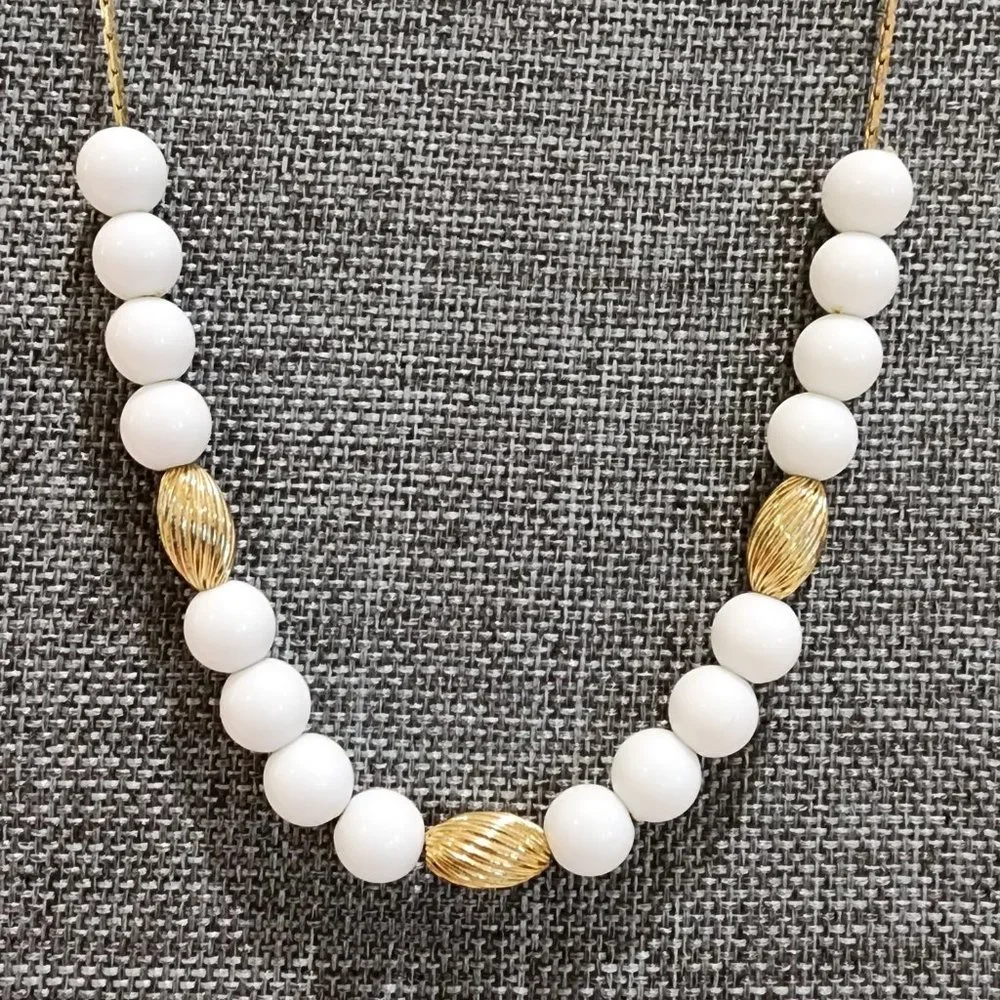 MCM 2 x Vintage Floating Round White and Spiral Gold Bead Gold Chain Necklace
